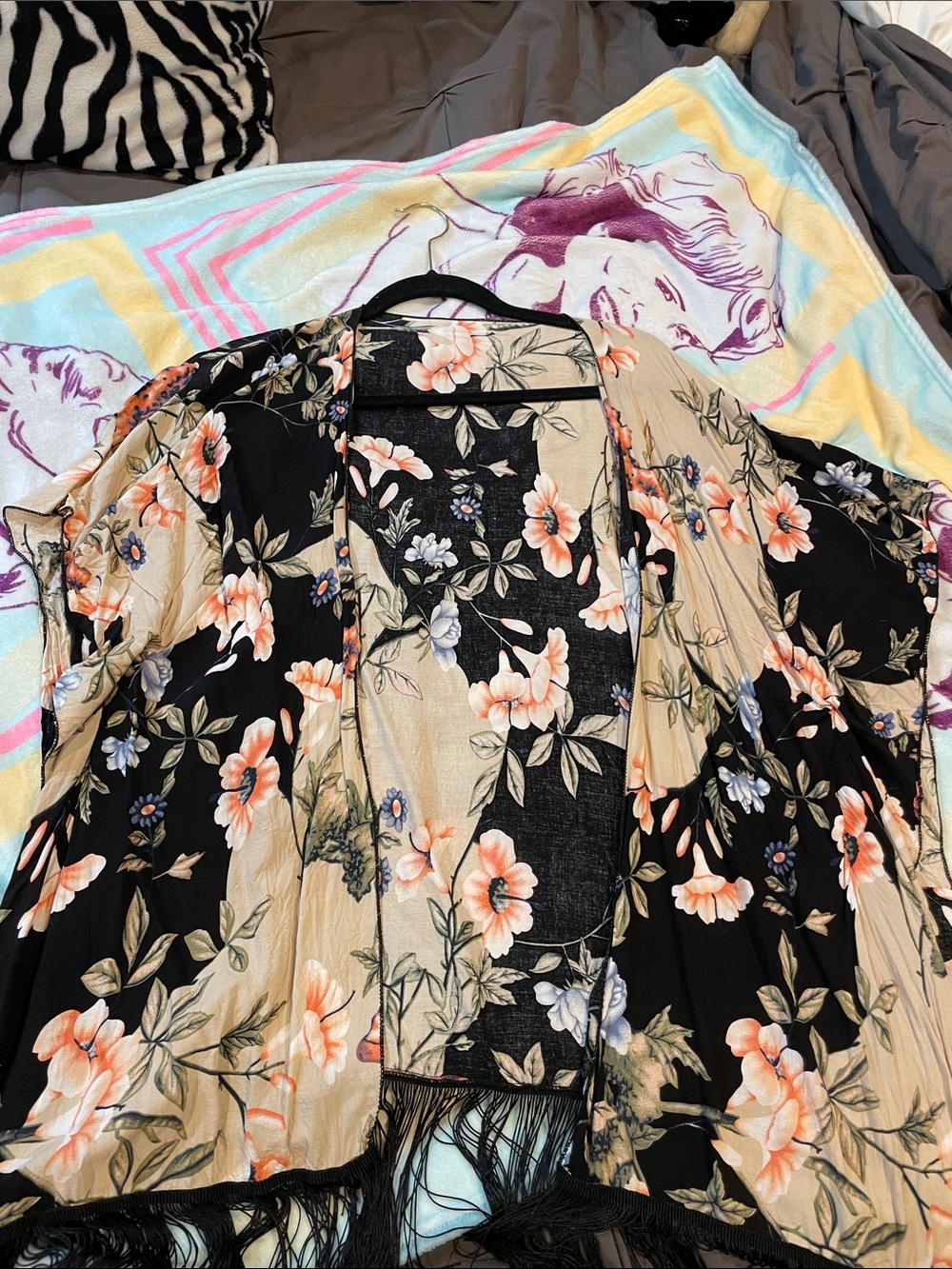 Floral Fringe Kimono Tunic - Black & Beige
